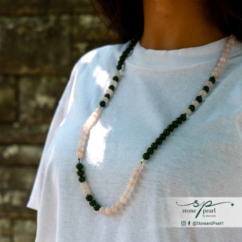 Rose Quartz and green jade Necklace